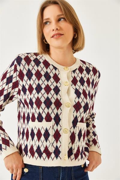 Baklava Desenli Cepli Triko Hırka 20247581 - Bordo-Lacivert