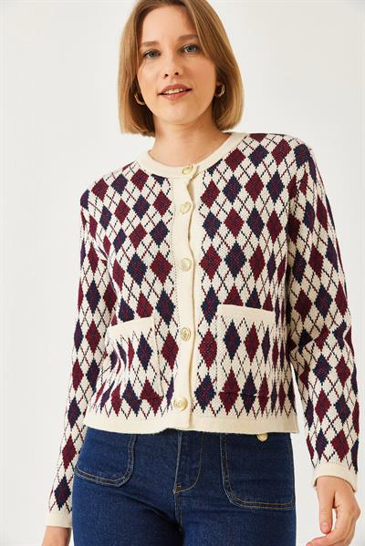 Baklava Desenli Cepli Triko Hırka 20247581 - Bordo-Lacivert