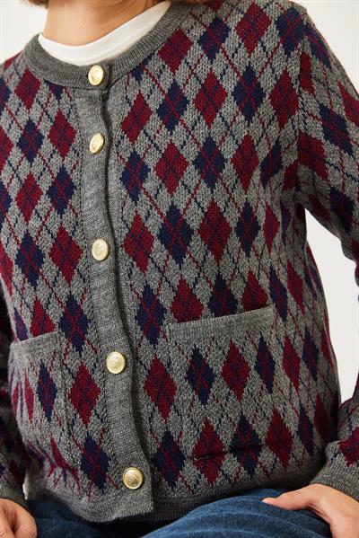 Baklava Desenli Cepli Triko Hırka 20247581 - Antrasit-Bordo