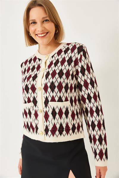 Baklava Desenli Cepli Triko Hırka 20247581 - Bordo-Siyah