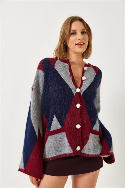 Baklava Desenli Oversize Triko Hırka 4021 60261248 - Bordo-Lacivert