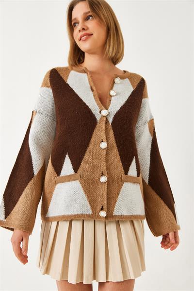 Kadın Baklava Desenli Oversize Triko Hırka 4021 60261248 - Kahverengi-Bej