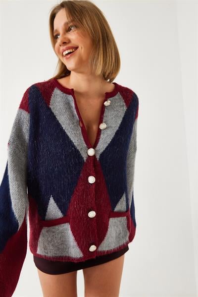 Baklava Desenli Oversize Triko Hırka 4021 60261248 - Bordo-Lacivert