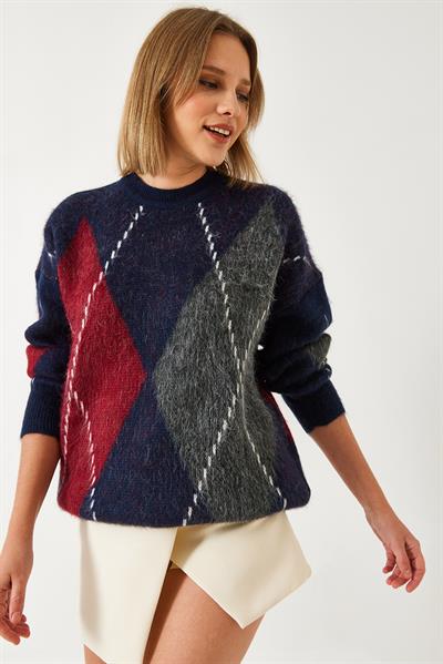 Kadın Baklava Desenli Oversize Triko Kazak 60351284 - Lacivert-Kırmızı