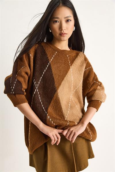 Kadın Baklava Desenli Oversize Triko Kazak 60351284 - Taba-Kahve