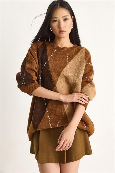 Kadın Baklava Desenli Oversize Triko Kazak 60351284 - Taba-Kahve