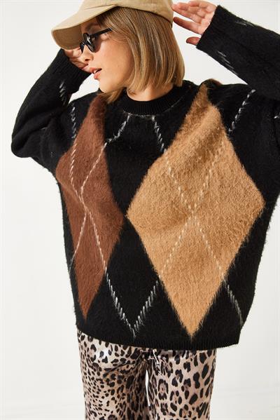 Kadın Baklava Desenli Oversize Triko Kazak 60351284 - Siyah-Camel