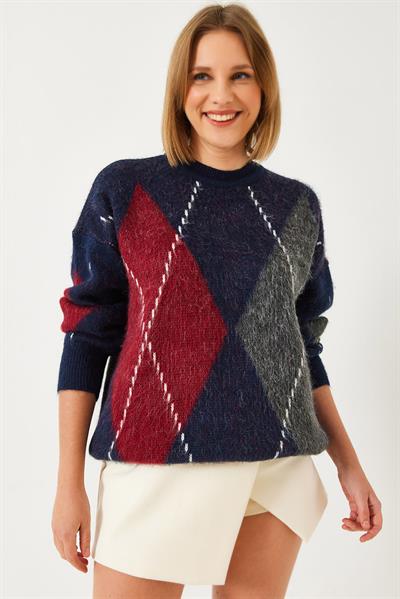 Kadın Baklava Desenli Oversize Triko Kazak 60351284 - Lacivert-Kırmızı