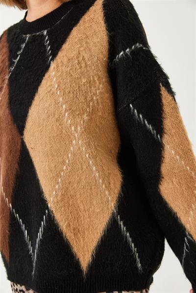 Kadın Baklava Desenli Oversize Triko Kazak 60351284 - Siyah-Camel