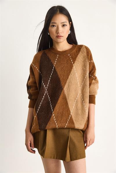 Kadın Baklava Desenli Oversize Triko Kazak 60351284 - Taba-Kahve