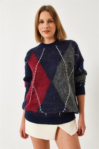 Kadın Baklava Desenli Oversize Triko Kazak 60351284 - Lacivert-Kırmızı