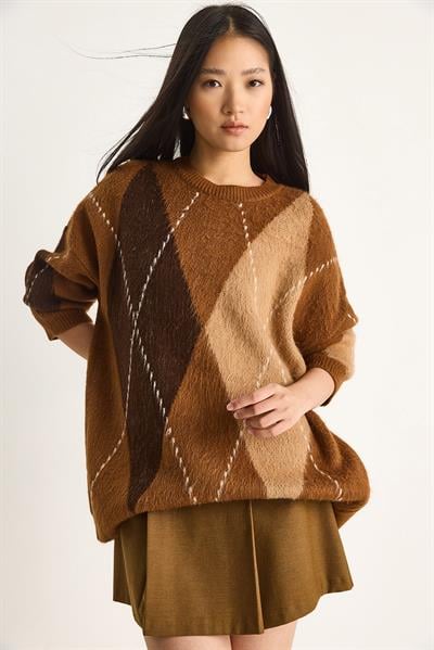 Kadın Baklava Desenli Oversize Triko Kazak 60351284 - Taba-Kahve