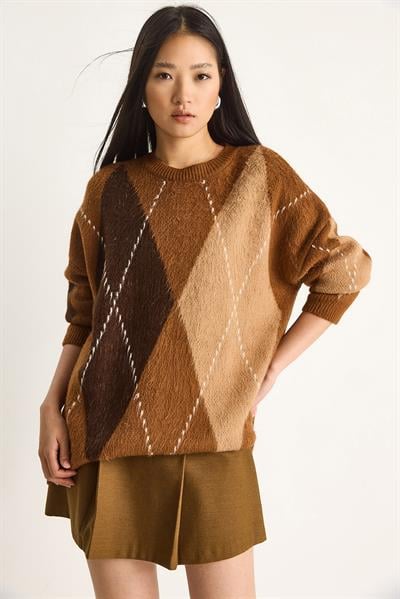 Kadın Baklava Desenli Oversize Triko Kazak 60351284 - Taba-Kahve