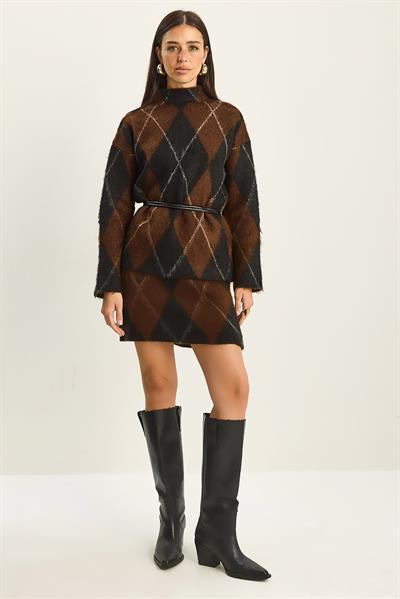 Kadın Baklava Desenli Şardonlu Alt-Üst Takım 20251083 - Siyah-Kahve