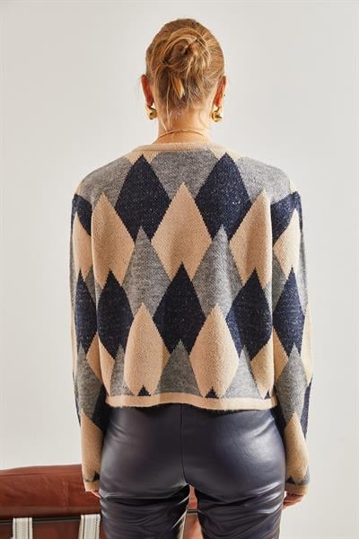 Baklava Desenli Triko Hırka - Bej-Lacivert