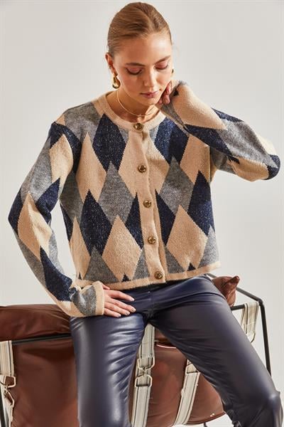 Baklava Desenli Triko Hırka - Bej-Lacivert