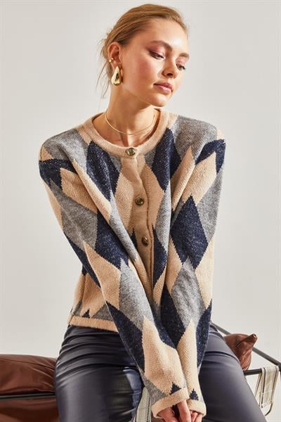 Baklava Desenli Triko Hırka - Bej-Lacivert