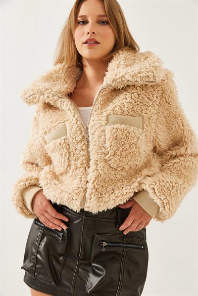 Balıkçı Yaka Beli Lastikli Peluş Mont 938137 60351233 - Camel