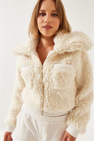 Balıkçı Yaka Beli Lastikli Peluş Mont 938137 60351233 - Bej