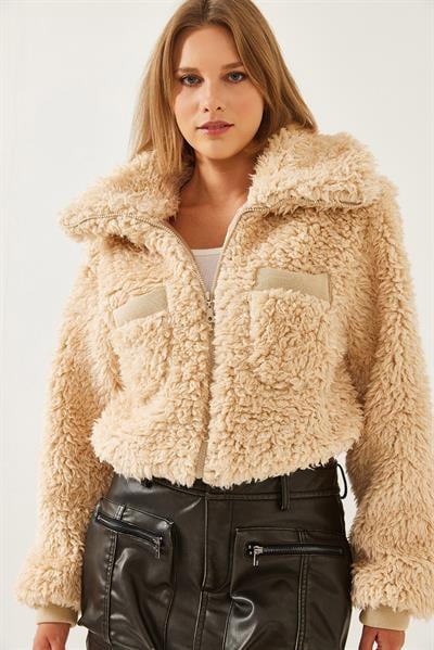 Balıkçı Yaka Beli Lastikli Peluş Mont 938137 60351233 - Camel