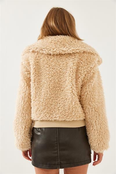 Balıkçı Yaka Beli Lastikli Peluş Mont 938137 60351233 - Camel