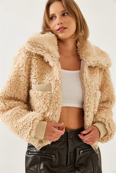 Balıkçı Yaka Beli Lastikli Peluş Mont 938137 60351233 - Camel