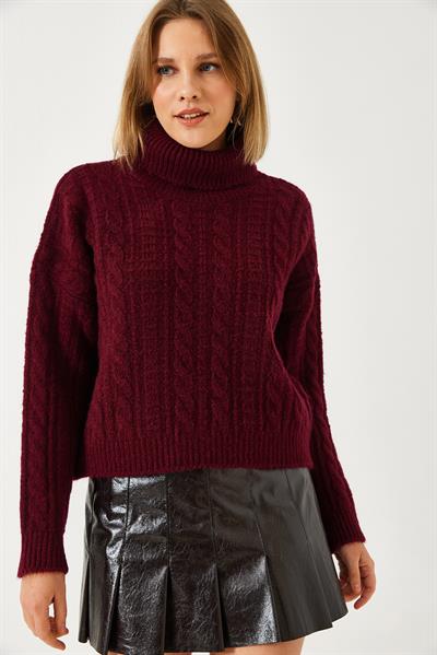 Kadın Balıkçı Yaka Desenli Triko Kazak 20246940 - Bordo