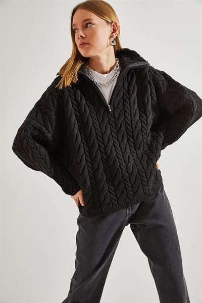 Balıkçı Yaka Fermuarlı Desenli Triko Kazak - Siyah KAZAK modelleri