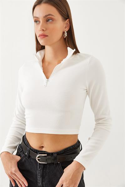 Kadın Balıkçı Yaka Yarım Fermuarlı Fitilli Crop Bluz 60351019 - Beyaz
