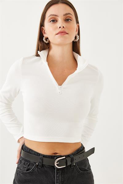 Kadın Balıkçı Yaka Yarım Fermuarlı Fitilli Crop Bluz 60351019 - Beyaz