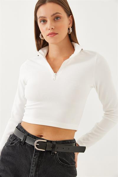 Kadın Balıkçı Yaka Yarım Fermuarlı Fitilli Crop Bluz 60351019 - Beyaz