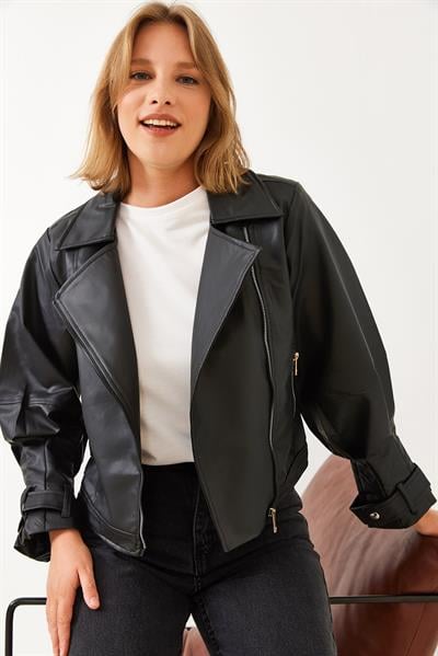 Balon Kol Oversize Deri Ceket 2395 60251850 - Siyah
