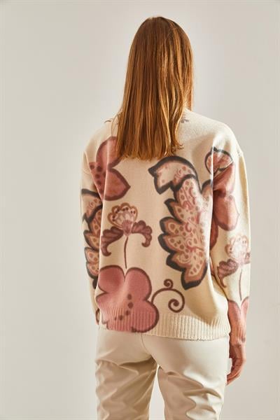 Baskılı Düğmeli Triko Hırka - Ekru