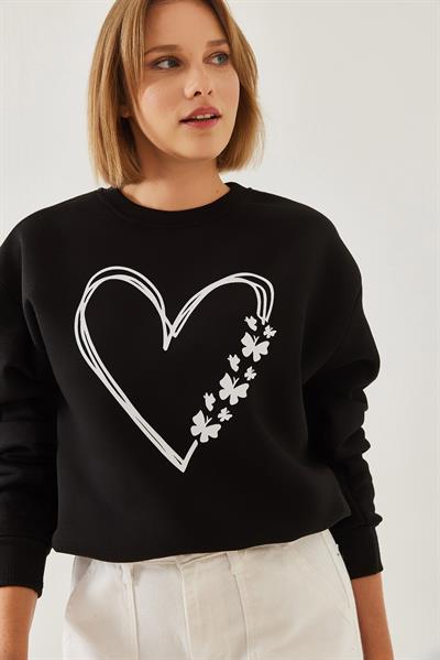 Kadın Baskılı Kalp Detaylı Bisiklet Yaka 3 İplik Şardonlu Sweatshirt 60601026 - Siyah