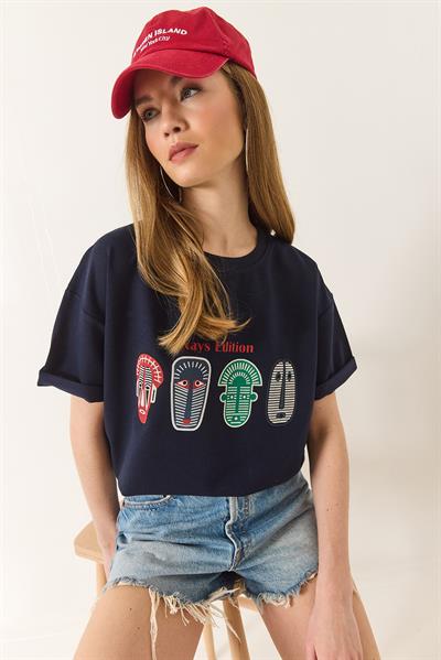 Kadın Baskılı Oversize Kısa Kollu Basic T-Shirt 60284034 - Lacivert