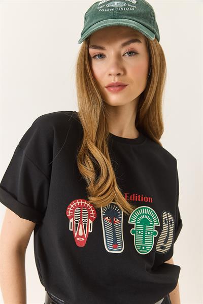 Kadın Baskılı Oversize Kısa Kollu Basic T-Shirt 60284034 - Siyah