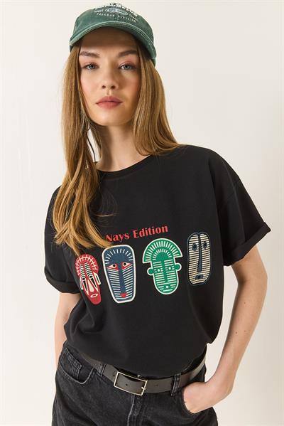 Kadın Baskılı Oversize Kısa Kollu Basic T-Shirt 60284034 - Siyah