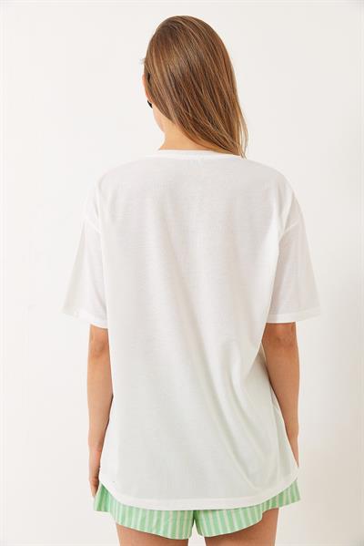 Kadın Baskılı Oversize Kısa Kollu Penye T-Shirt 3072 60283080 - Beyaz