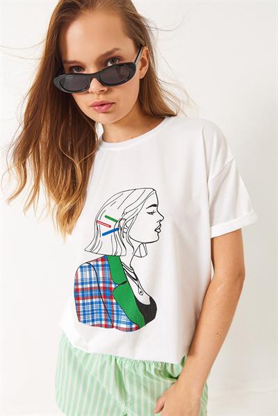 Kadın Baskılı Oversize Kısa Kollu Penye T-Shirt 3072 60283080 - Beyaz