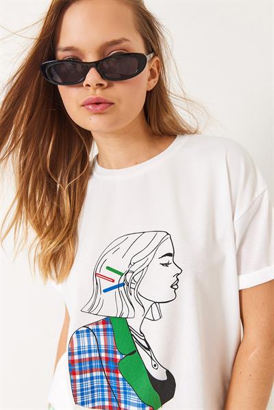 Kadın Baskılı Oversize Kısa Kollu Penye T-Shirt 3072 60283080 - Beyaz