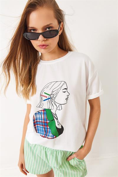 Kadın Baskılı Oversize Kısa Kollu Penye T-Shirt 3072 60283080 - Beyaz