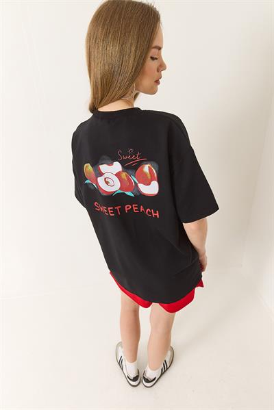 Kadın Baskılı Pamuklu Oversize Örme T-Shirt 60284039 - Siyah