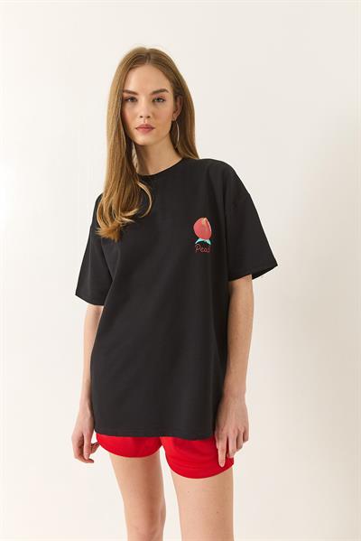 Kadın Baskılı Pamuklu Oversize Örme T-Shirt 60284039 - Siyah