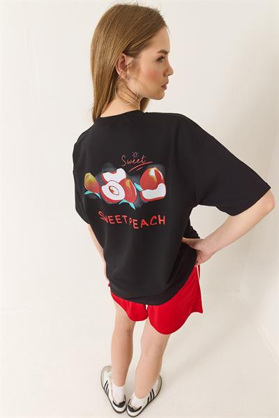 Kadın Baskılı Pamuklu Oversize Örme T-Shirt 60284039 - Siyah