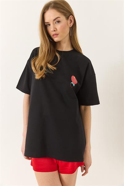 Kadın Baskılı Pamuklu Oversize Örme T-Shirt 60284039 - Siyah