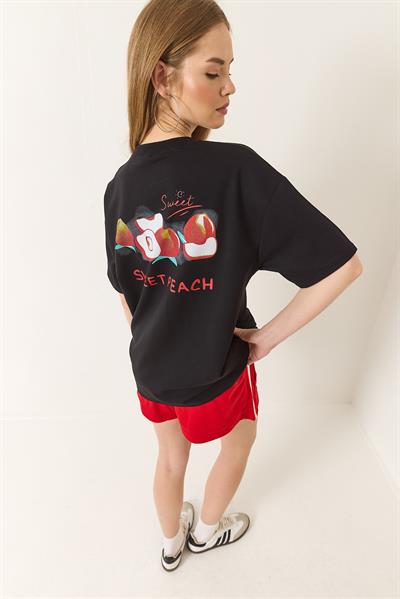 Kadın Baskılı Pamuklu Oversize Örme T-Shirt 60284039 - Siyah