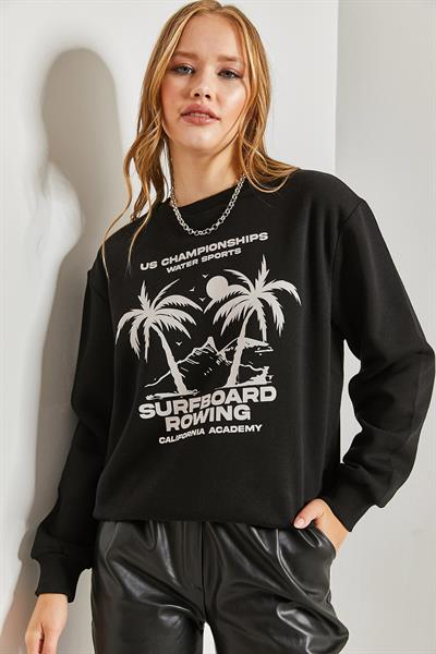 Kadın Baskılı Üç İplik Şardonlu Sweatshirt 40951007 - Siyah