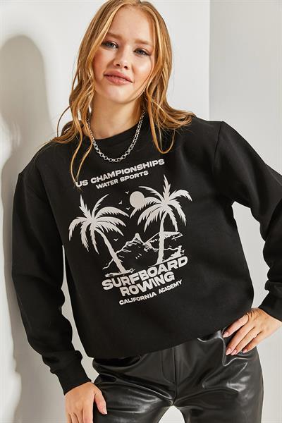 Kadın Baskılı Üç İplik Şardonlu Sweatshirt 40951007 - Siyah