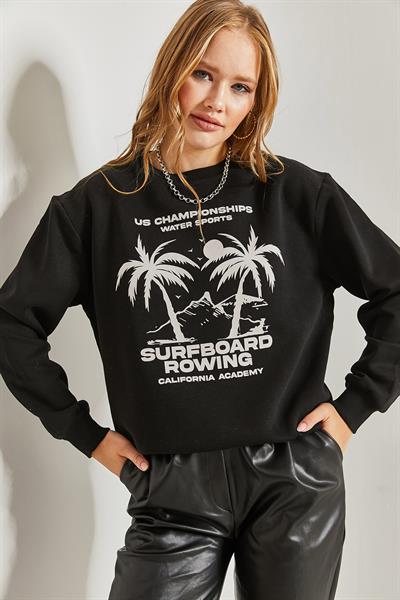 Kadın Baskılı Üç İplik Şardonlu Sweatshirt 40951007 - Siyah