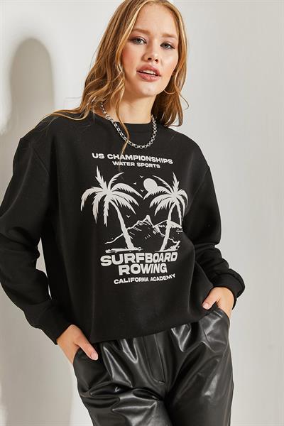 Kadın Baskılı Üç İplik Şardonlu Sweatshirt 40951007 - Siyah